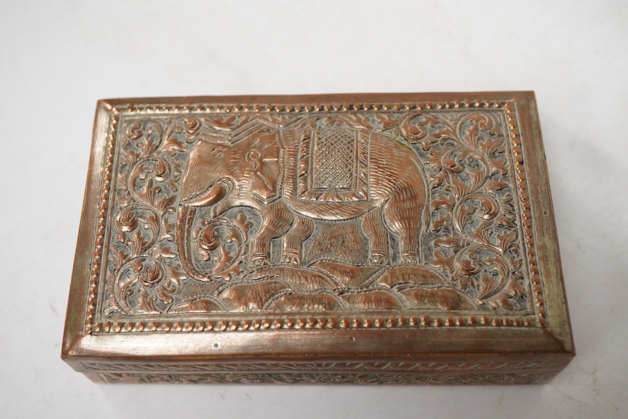 An Indian plate on copper rectangular trinket box, 10.1cm, together with two early 20th century silver and mother of pearl fruit knives.